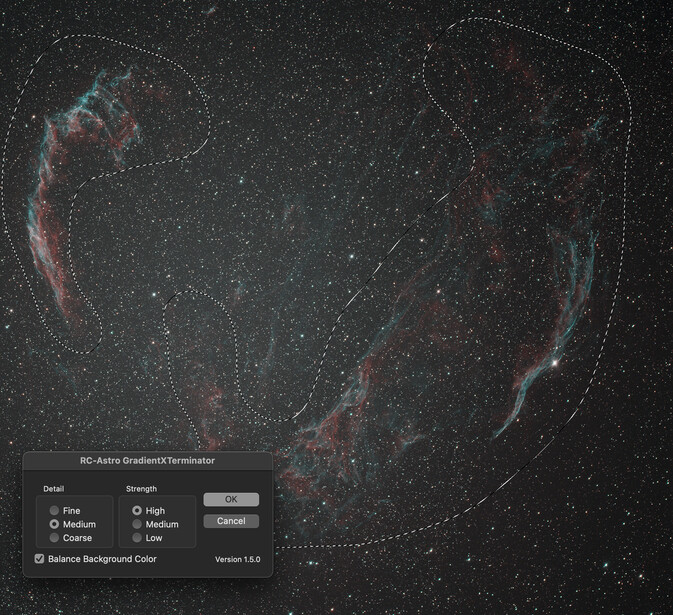 Screenshot of DC-Astreo Visualized Terminator astronomical software showing nebula structures with constellation overlays.