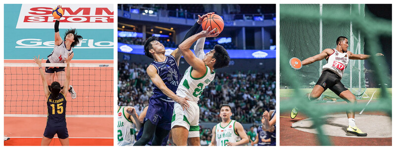 Three sports photography compositions showing volleyball, basketball, and discus throwing moments.