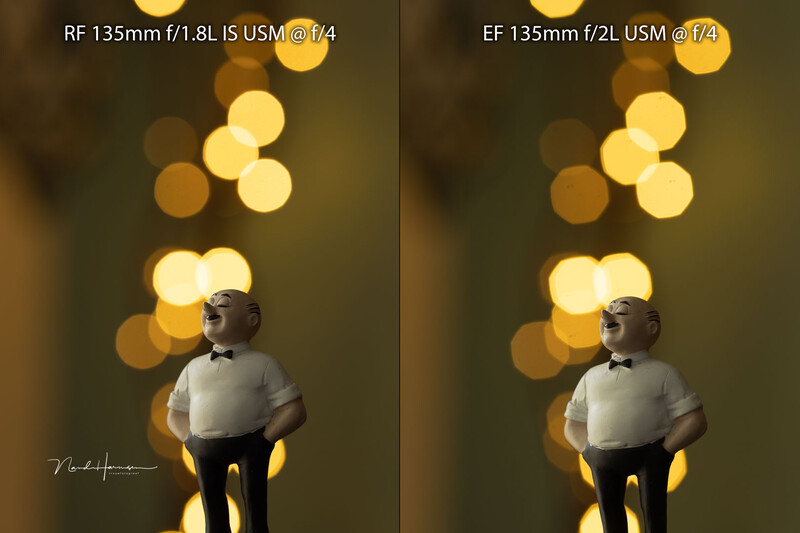 The bokeh rings of the old and new 135mm lens when stopped down. Now the differences become apparent. Look at the shape of the bokeh rings.