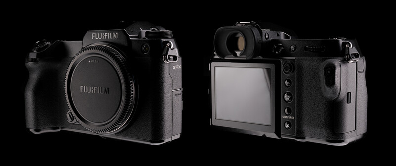 Two Fujifilm mirrorless cameras displayed side-by-side against a black background.
