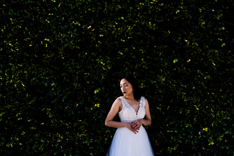 Bride in white lace dress posed against dark green foliage backdrop.