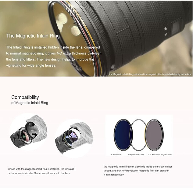 Diagram showing magnetic inlay ring compatibility with various lens mount types and filter sizes.