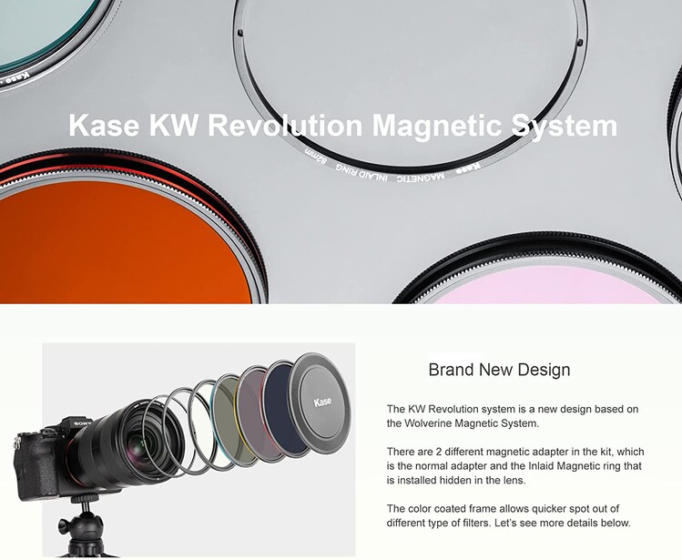 Kase KW Revolution magnetic filter system with multiple adapter rings and colored filter samples displayed.