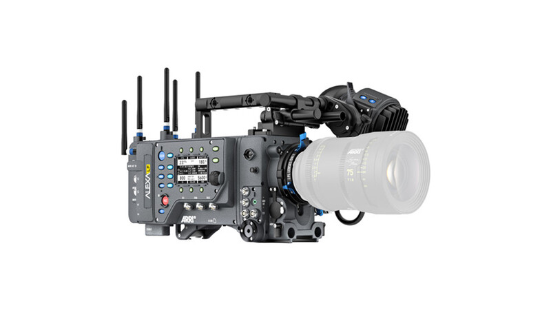 Professional cinema camera with wireless video transmitter, mounted lens, and multiple antennas.