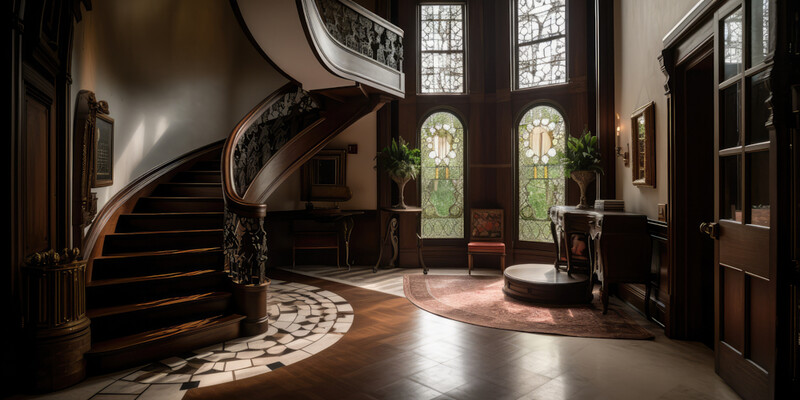 Grand foyer with curved wooden staircase, stained glass doors, and geometric floor pattern bathed in natural light.