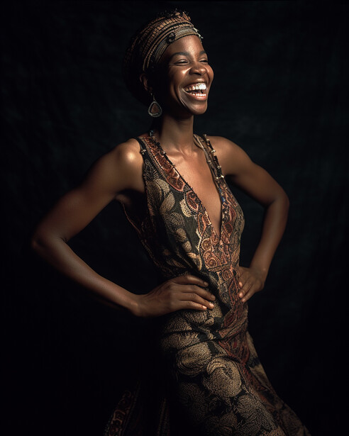 Woman in an ornate beaded dress smiling against a dark background.