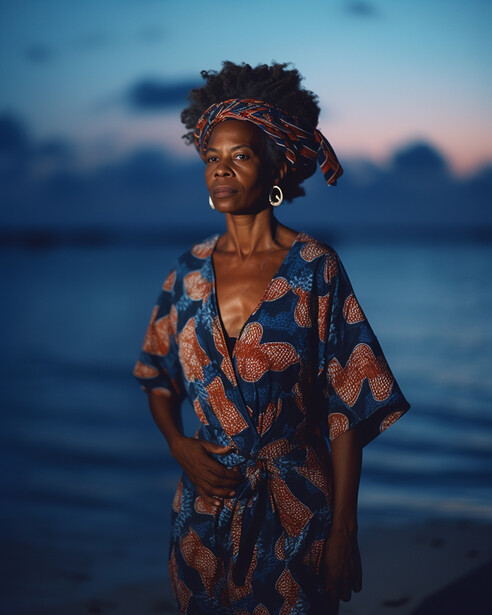 Woman in patterned wrap dress standing on a beach at twilight, gazing toward the horizon.