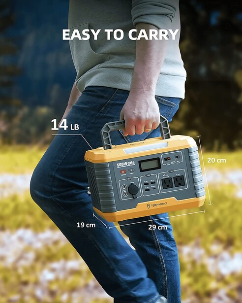 Person carrying a portable power station with dimensions and weight labeled.