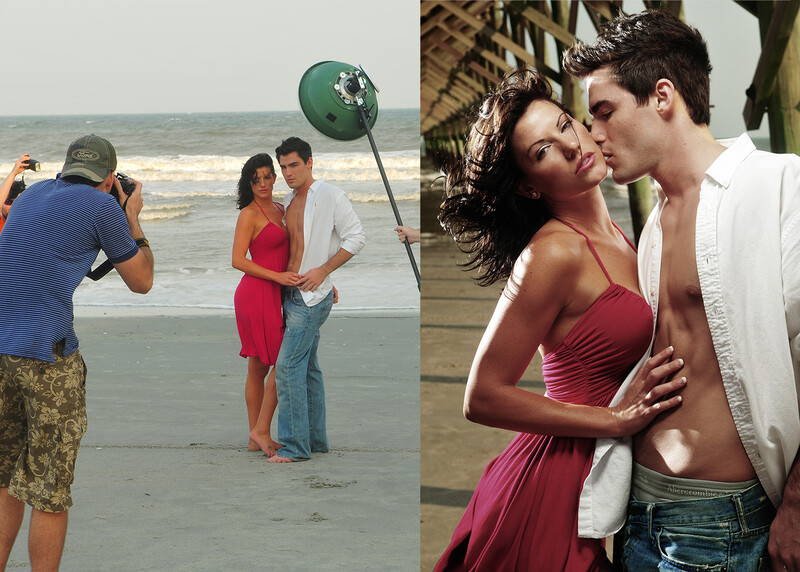 Before and after split-screen showing beach portrait photography with professional lighting setup and posed subjects.