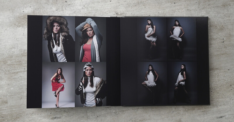 Portfolio spread showing eight fashion portraits with varied styling and poses against dark backgrounds.