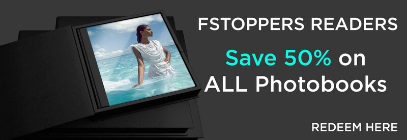 Promotional graphic displaying stacked black photobooks with one open book showing a beach portrait of a woman in white clothing.