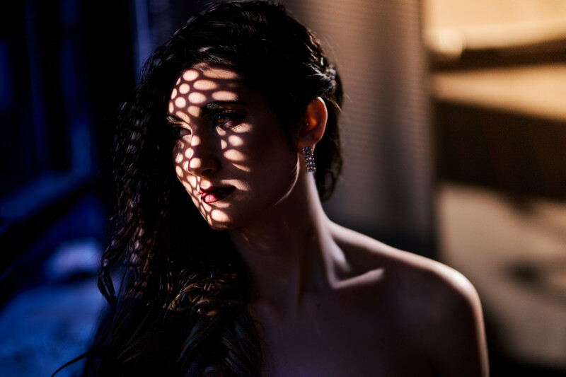 Woman with long dark hair illuminated by dramatic window light creating striped shadows across her face.