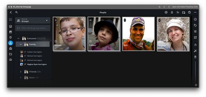 Screenshot of Adobe Photoshop's People panel displaying organized contact groups with portrait thumbnails.