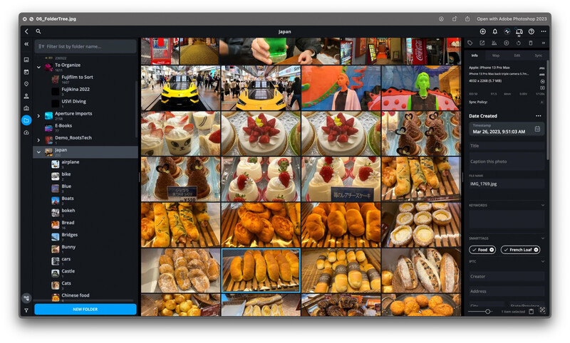 Screenshot of Adobe Lightroom photo management interface displaying grid of bakery and food images.
