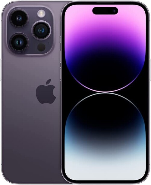 iPhone 14 Pro Max in deep purple with triple rear camera system displayed against gradient lock screen wallpaper.