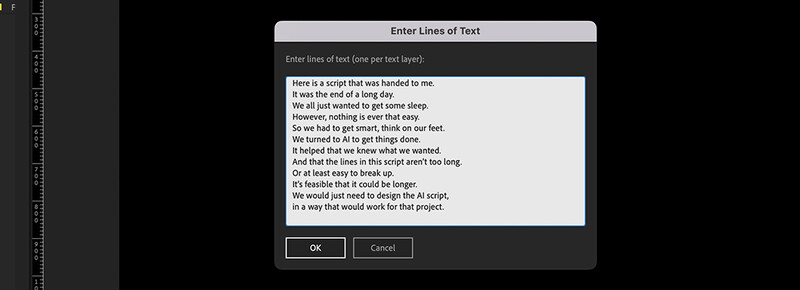 GPT-4's After Effects script has created a pop-up box, asking the user to enter text.
