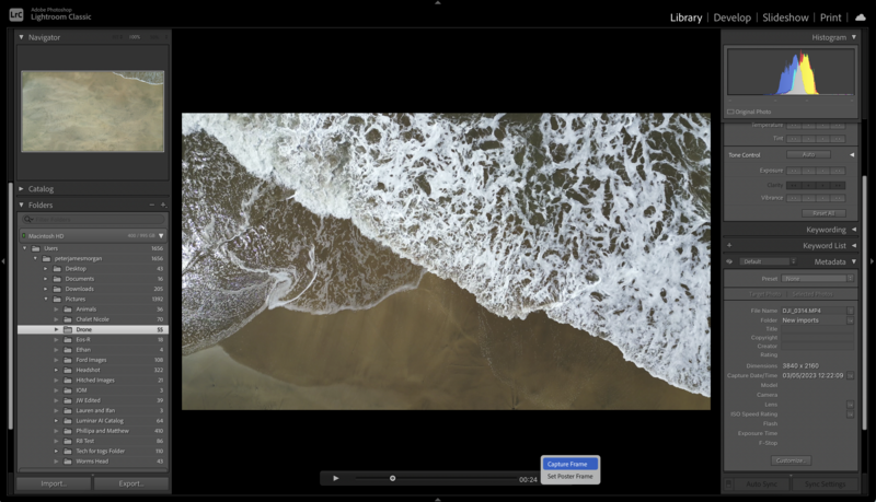 Screenshot of Lightroom Library module displaying aerial photograph of waves and sandy beach.