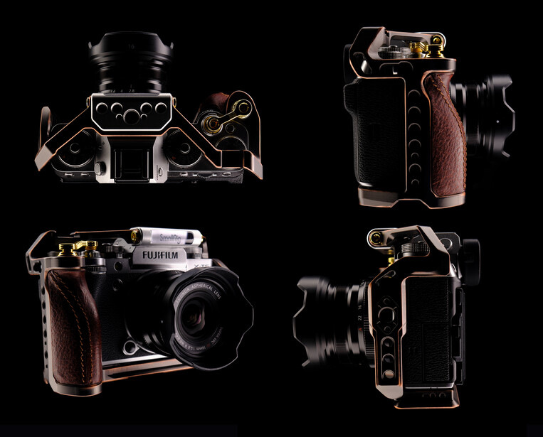 Luxury camera rig shown from four angles with brown leather grip, brass fittings, and mounted microphone on black background.