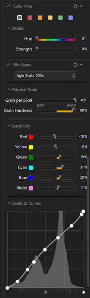 Screenshot of post-processing software showing curves adjustment panel with tone and color controls.