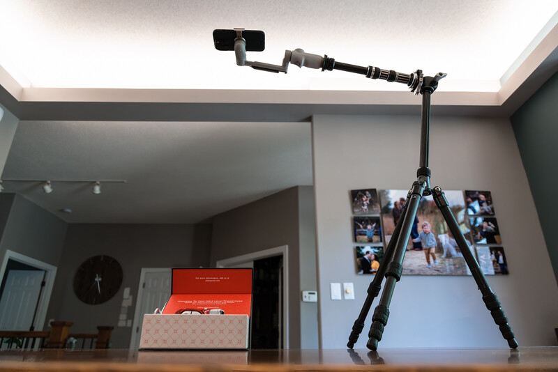 Platypod handle use for overhead product photography