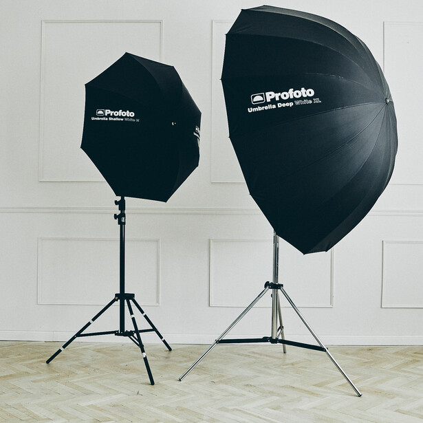 Two Profoto softboxes of different sizes mounted on light stands against a white brick wall.