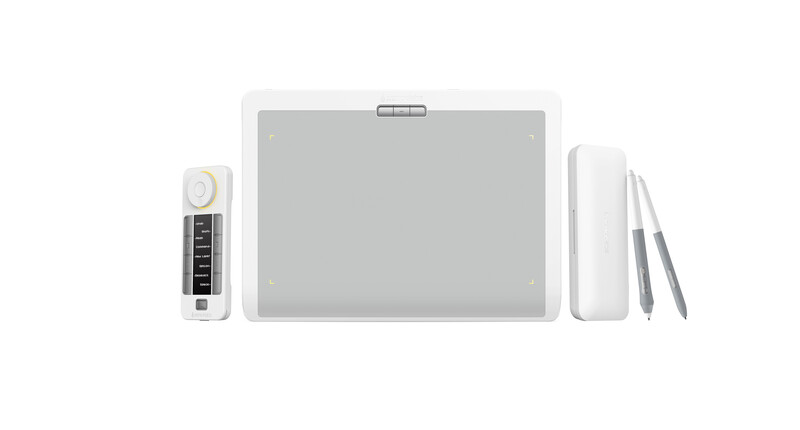 Illustration of a digital drawing tablet with stylus, keyboard, and pen tool displayed in a flat lay arrangement.