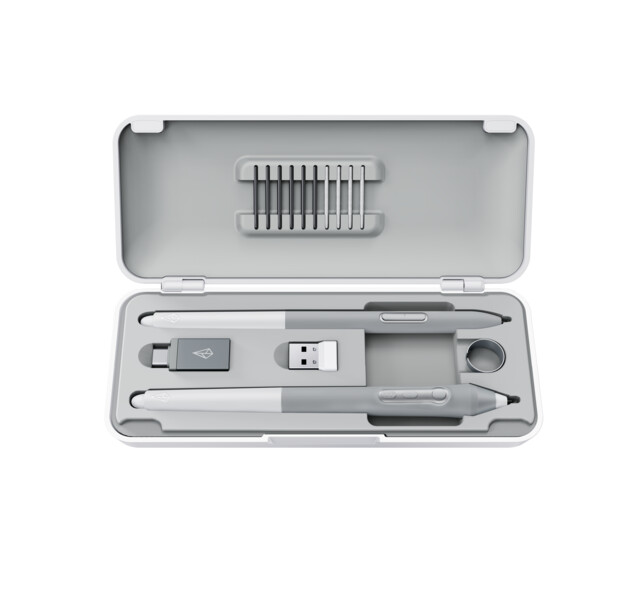 Open gray carrying case containing photography cleaning and maintenance tools.