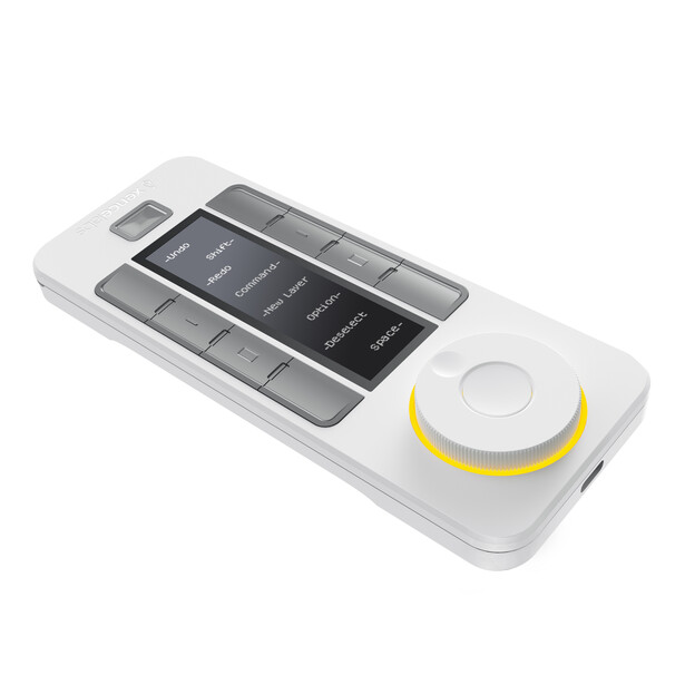 White and gray control panel device with buttons, faders, and a rotary knob on right side.