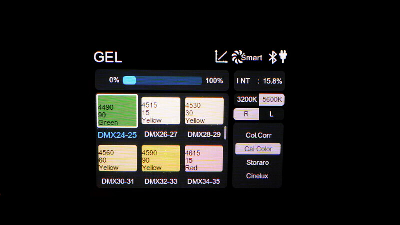 Screenshot of GEL lighting control interface showing DMX color gel swatches and intensity slider.