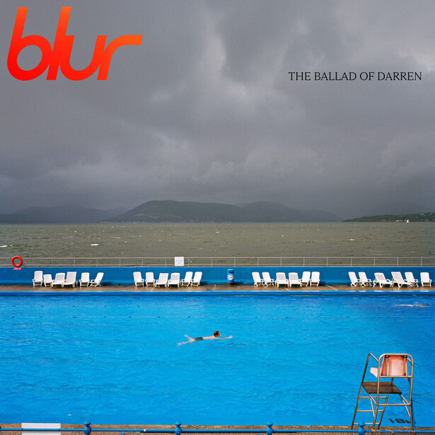Image shows the cover artwork for a new album by the band Blur which features a lone swimmer in an outdoor salt pool, positioned alongside the Clyde Estuary - a body of water in Inverclyde, Scotland
