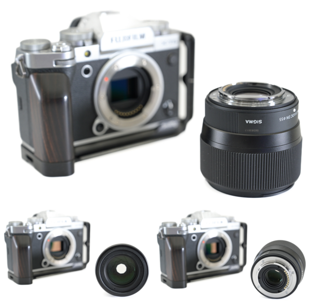 Vintage rangefinder camera with interchangeable lens system and accessories.
