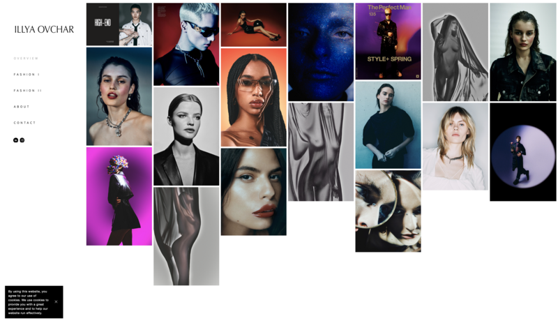 Portfolio grid layout showcasing portrait and fashion photography with varied lighting and styling.