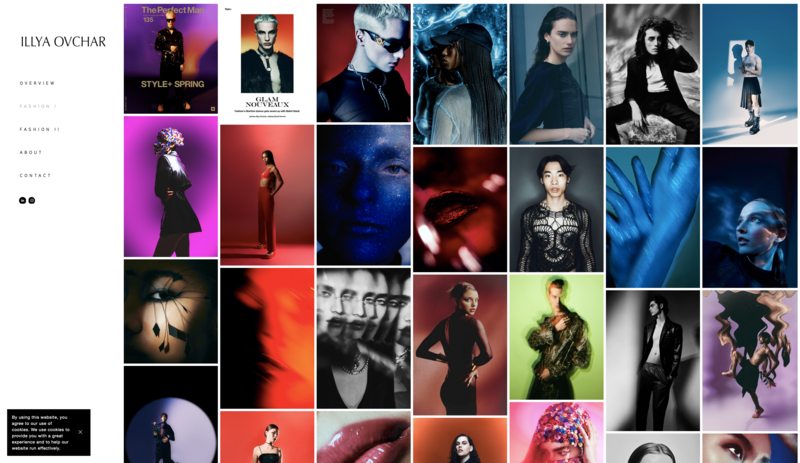 Portfolio grid showcasing dramatic portrait and fashion photography with bold color grading and studio lighting.