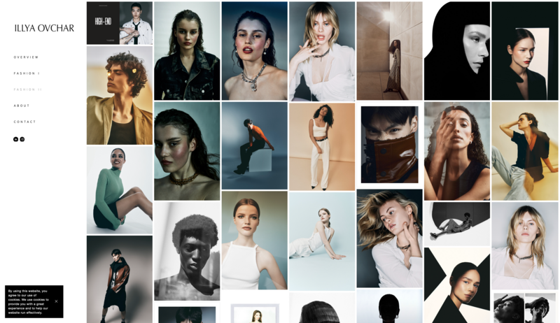 Portfolio grid of portrait photographs showcasing diverse lighting, styling, and emotional expressions.