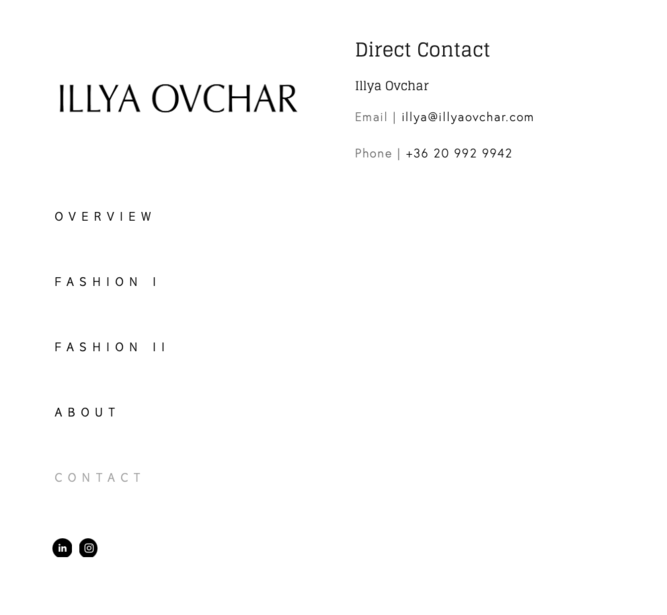 Screenshot of a minimalist website layout for Illya Ovchar, featuring navigation menu and contact information.