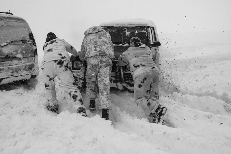 Donbass, Ukraine, 2019 - Getting a stuck 4x4 out of the snow in sub-zero temperatures