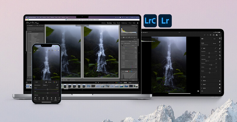 Screenshot showing Lightroom Classic and Lightroom mobile interfaces editing a waterfall photograph.