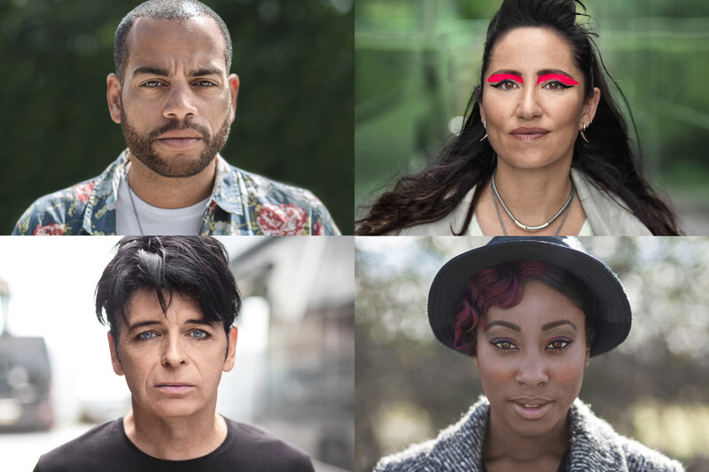 Four portrait headshots arranged in a grid showing diverse subjects with varied styling and makeup.