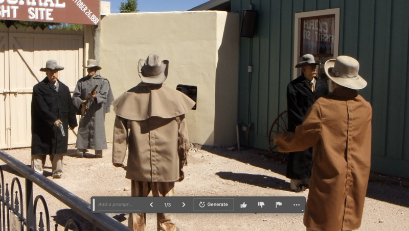 Behind-the-scenes photograph of actors in period costumes on a western film set.