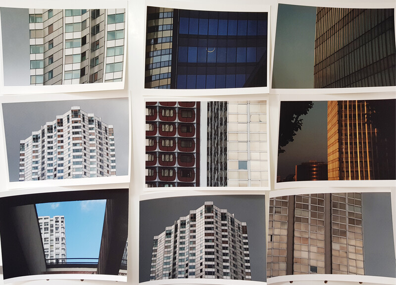 Grid of nine architectural photographs showcasing modern building facades and geometric patterns.