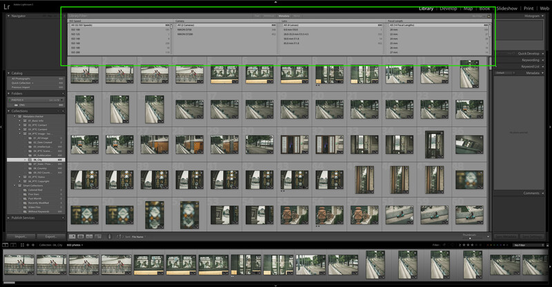 Screenshot of Lightroom's Library module displaying contact sheet grid view with multiple photo thumbnails organized in rows.