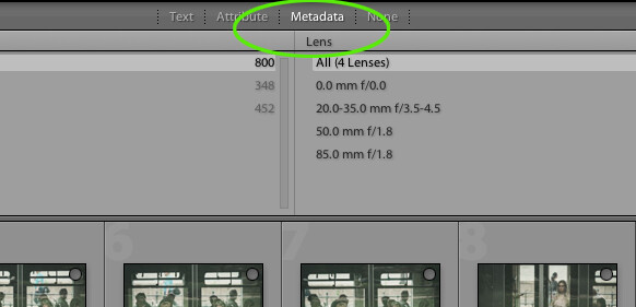 Screenshot of metadata panel showing lens information for four camera lenses with their focal length and aperture specifications.