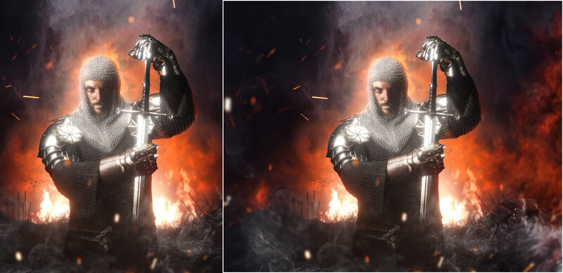 Medieval knight in chainmail and helmet holding sword aloft amid blazing fire and smoke.