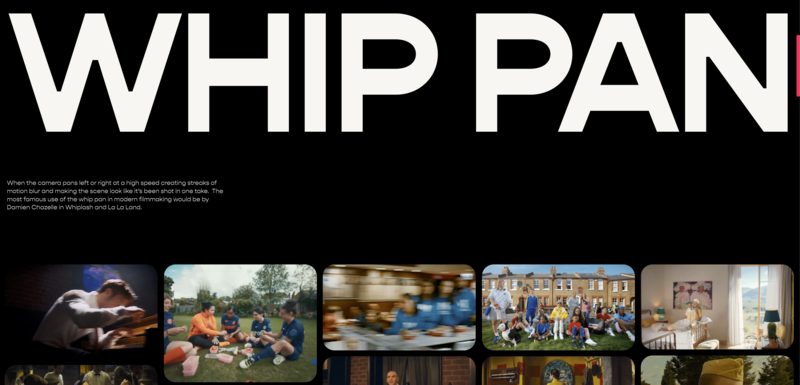 Typography layout with "WHIP PAN" title and five motion-blurred photographs below demonstrating the technique.
