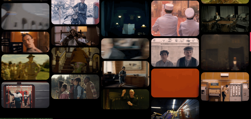 Film frames and production stills arranged in a grid layout, showing various cinematography styles and lighting setups.