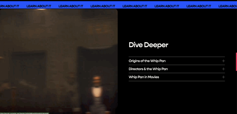 Screenshot of a website interface titled 'Dive Deeper' with expandable menu sections about whip pans.