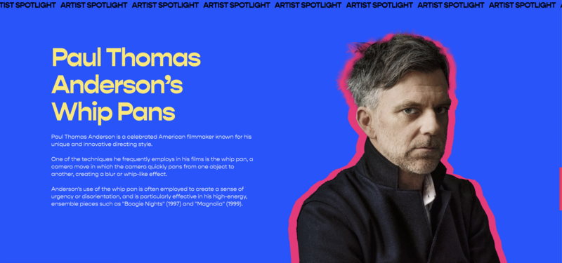 Filmmaker portrait with neon pink outline against bright blue background.