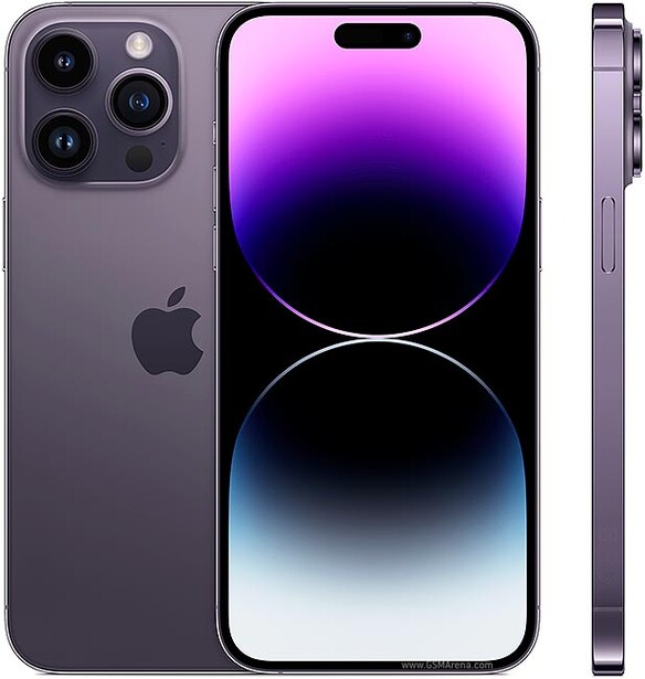 iPhone 14 Pro in Deep Purple shown from front, back, and side angles displaying gradient wallpaper.