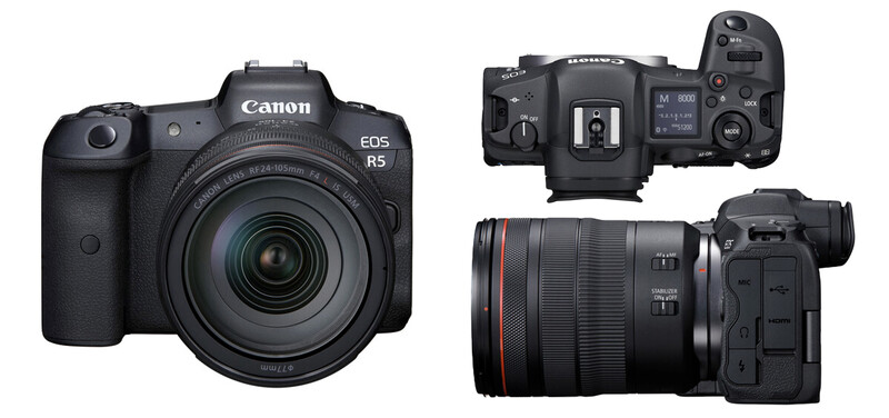 Canon EOS R5 mirrorless camera shown from front, top, and side angles with attached lens.