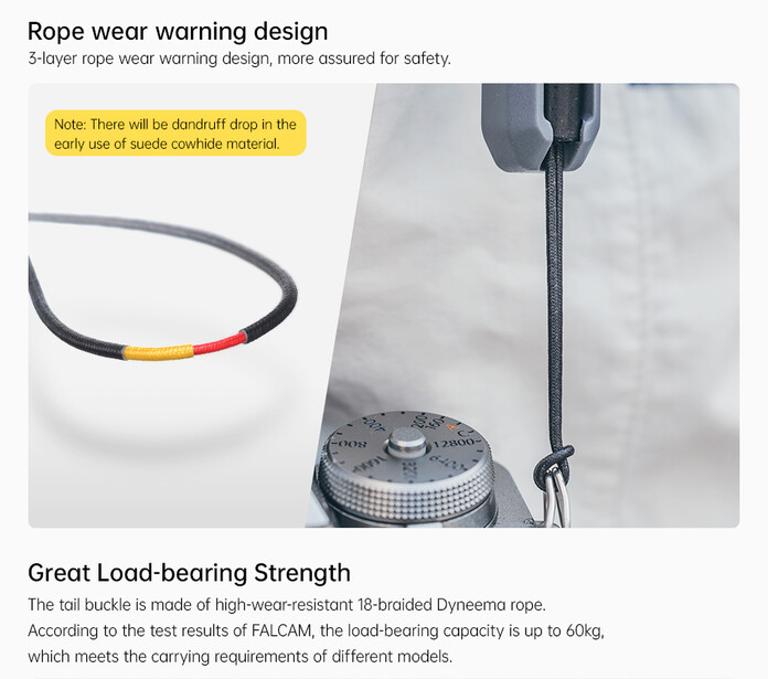 Illustration showing rope wear warning design with color-coded section and load-bearing strength specifications for equipment.